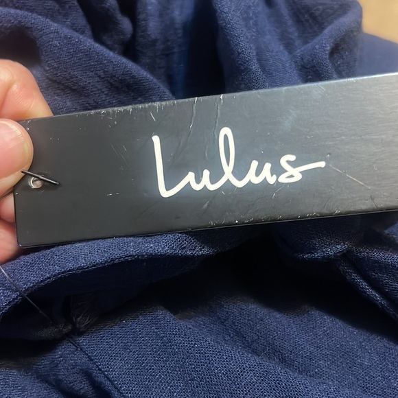 New with Tags- Lulus Al Fresco Evenings Navy Blue Off-the-Shoulder Dress - Picture 8 of 8